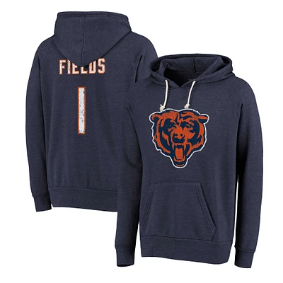 Men's Majestic Threads Justin Fields Navy Chicago Bears Name & Number Tri-Blend Pullover Hoodie