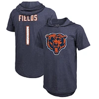 T-shirt à capuche coupe slim en trois mélanges pour hommes, Majestic Threads Justin Fields, Chicago Bears, nom et numéro du joueur, bleu marine