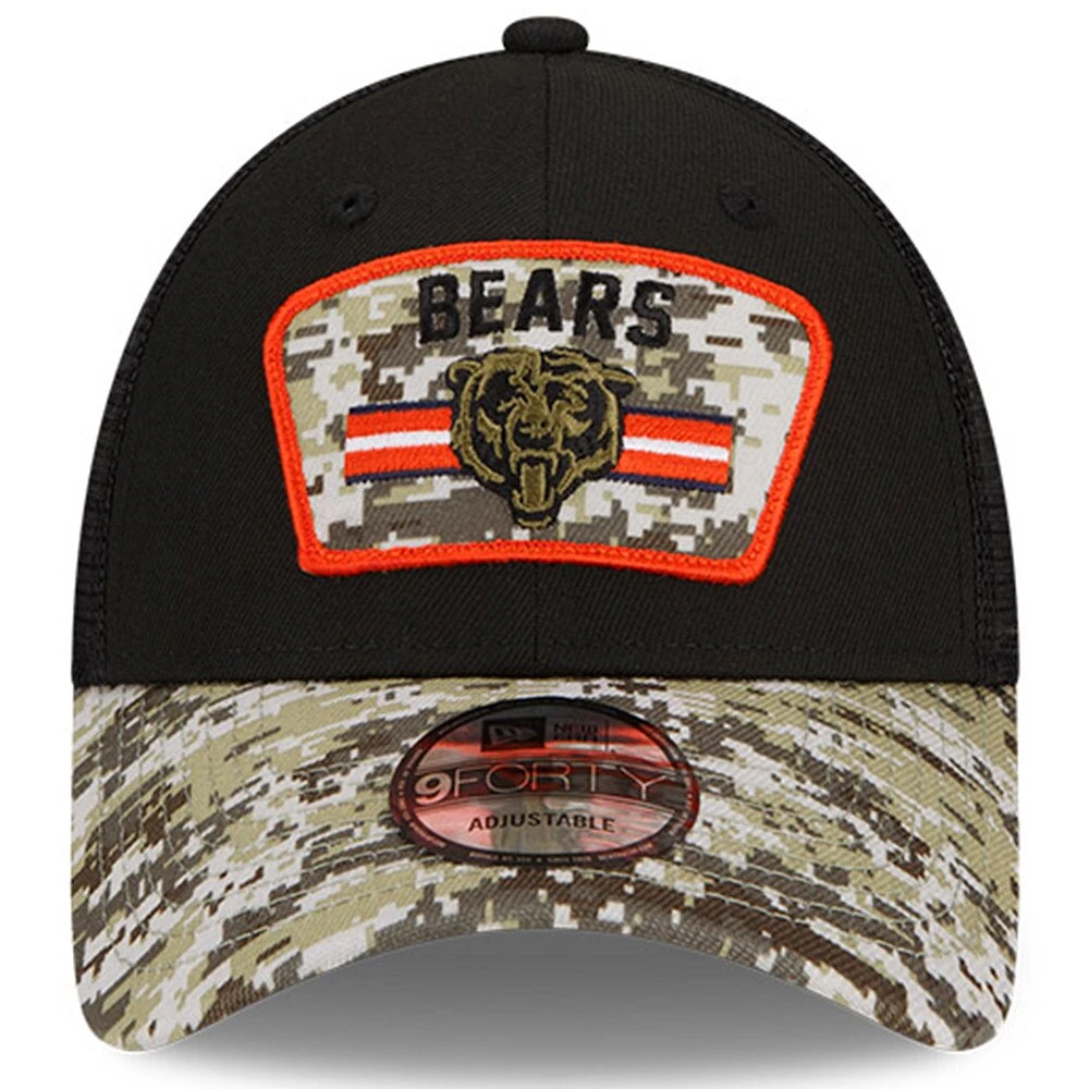 Chicago Bears 2021 Salute To Service de New Era pour homme, noir/camouflage - Casquette réglable Snapback Trucker 9FORTY