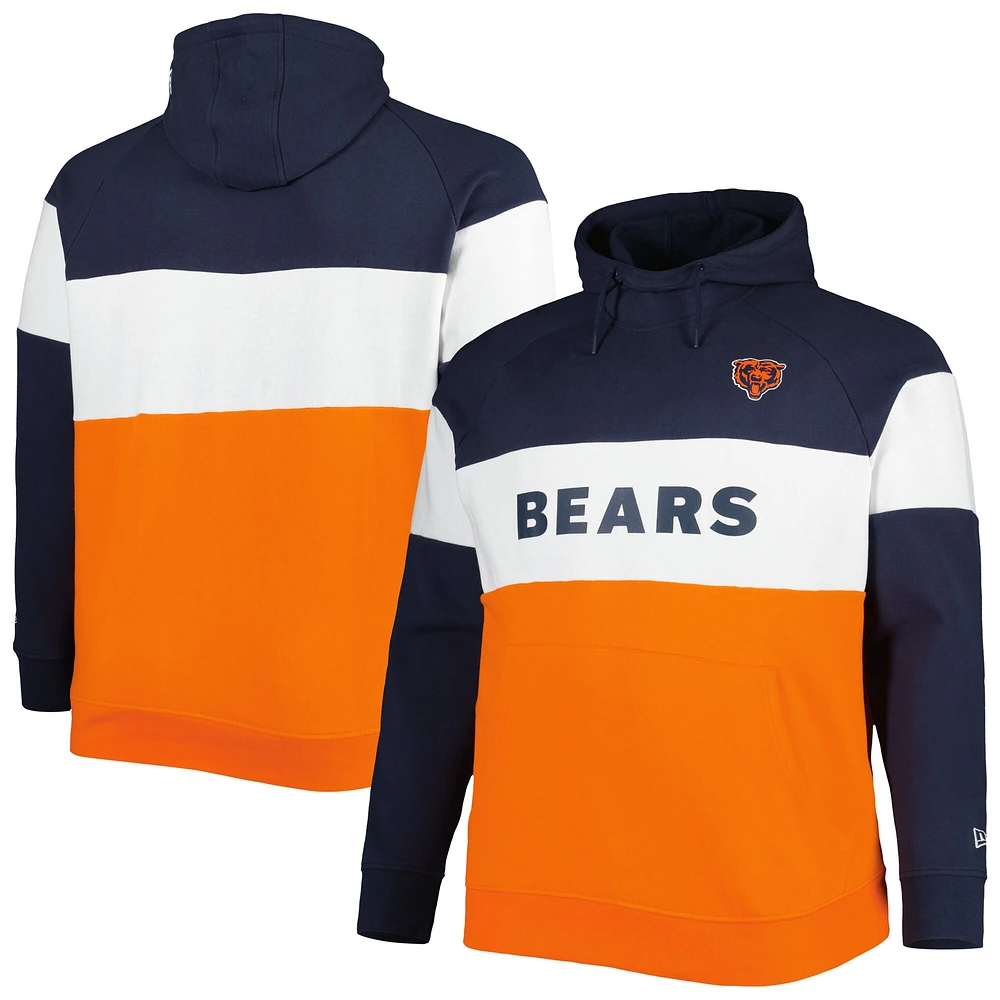 Sweat à capuche raglan New Era bleu marine/orange Chicago Bears Big & Tall Current Team en molleton blocs de couleurs pour homme