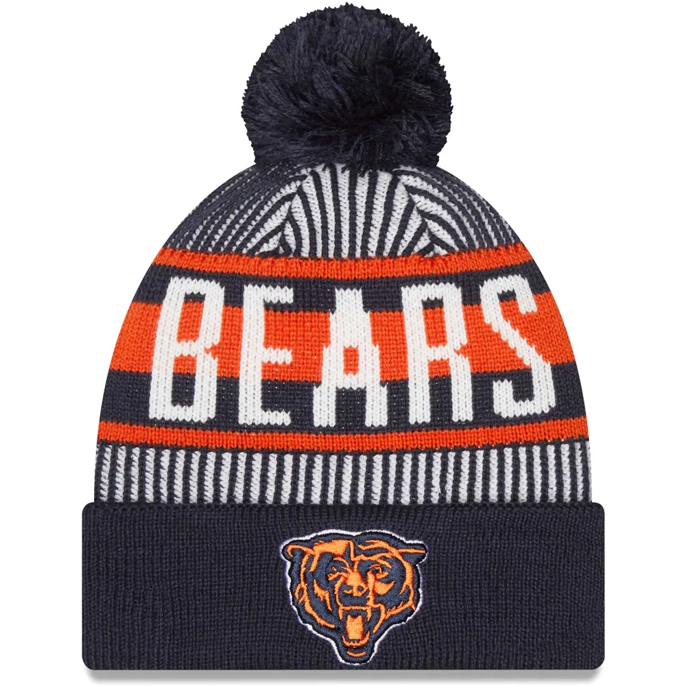 Chicago Bears Striped New Era pour homme - Bleu marine - Bonnet en tricot à revers avec pompon