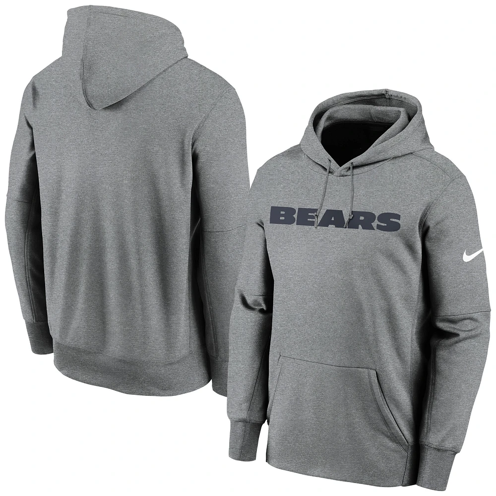 Men's Nike Heathered Charcoal Chicago Bears Wordmark Therma Performance Pullover Hoodie