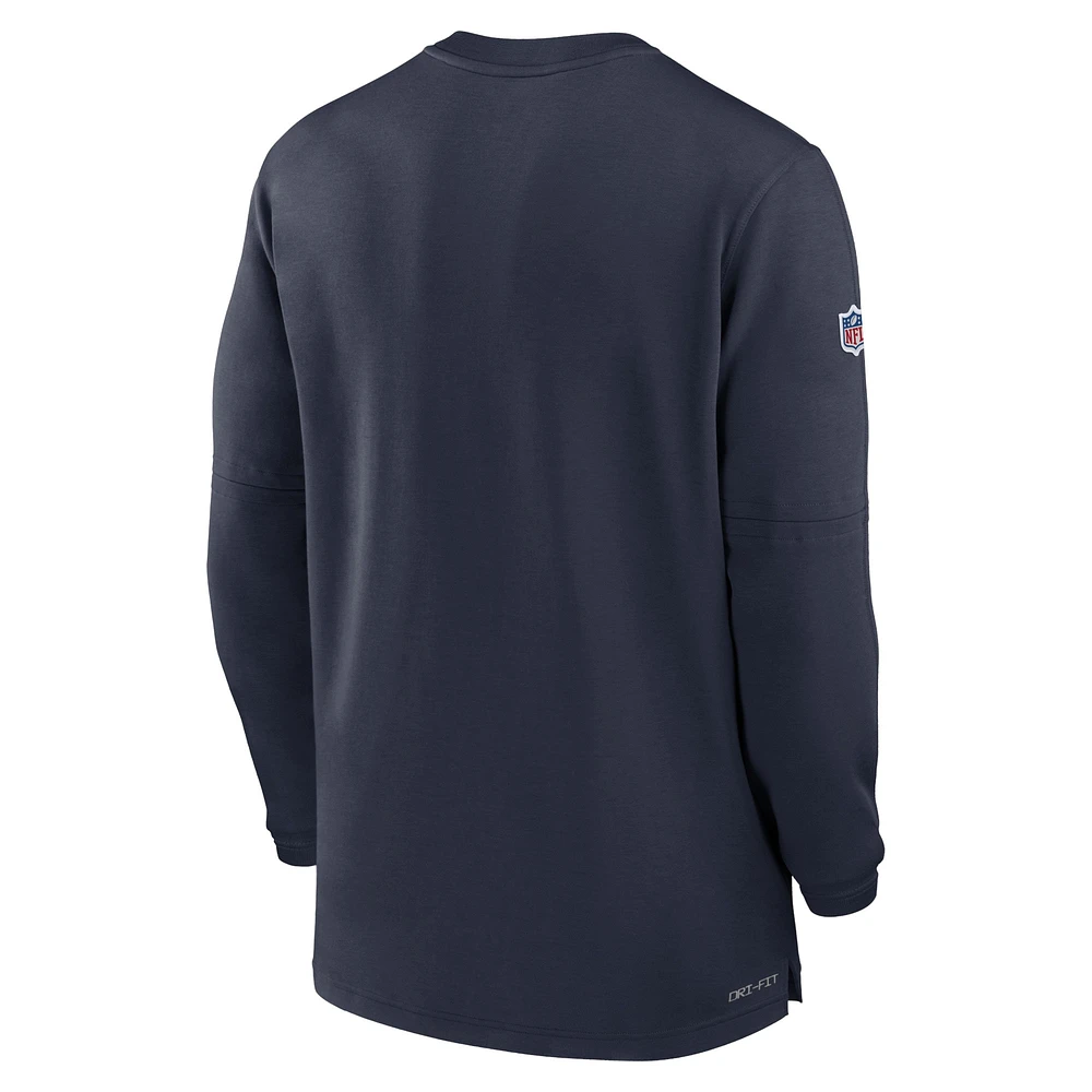 Haut Nike bleu marine Chicago Bears 2023 Sideline Performance à manches longues tri-mélange et quart de zip