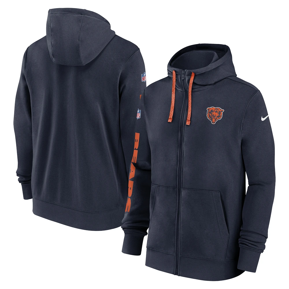 Sweat à capuche entièrement zippé Nike Chicago Bears 2024 Sideline Club bleu marine pour homme