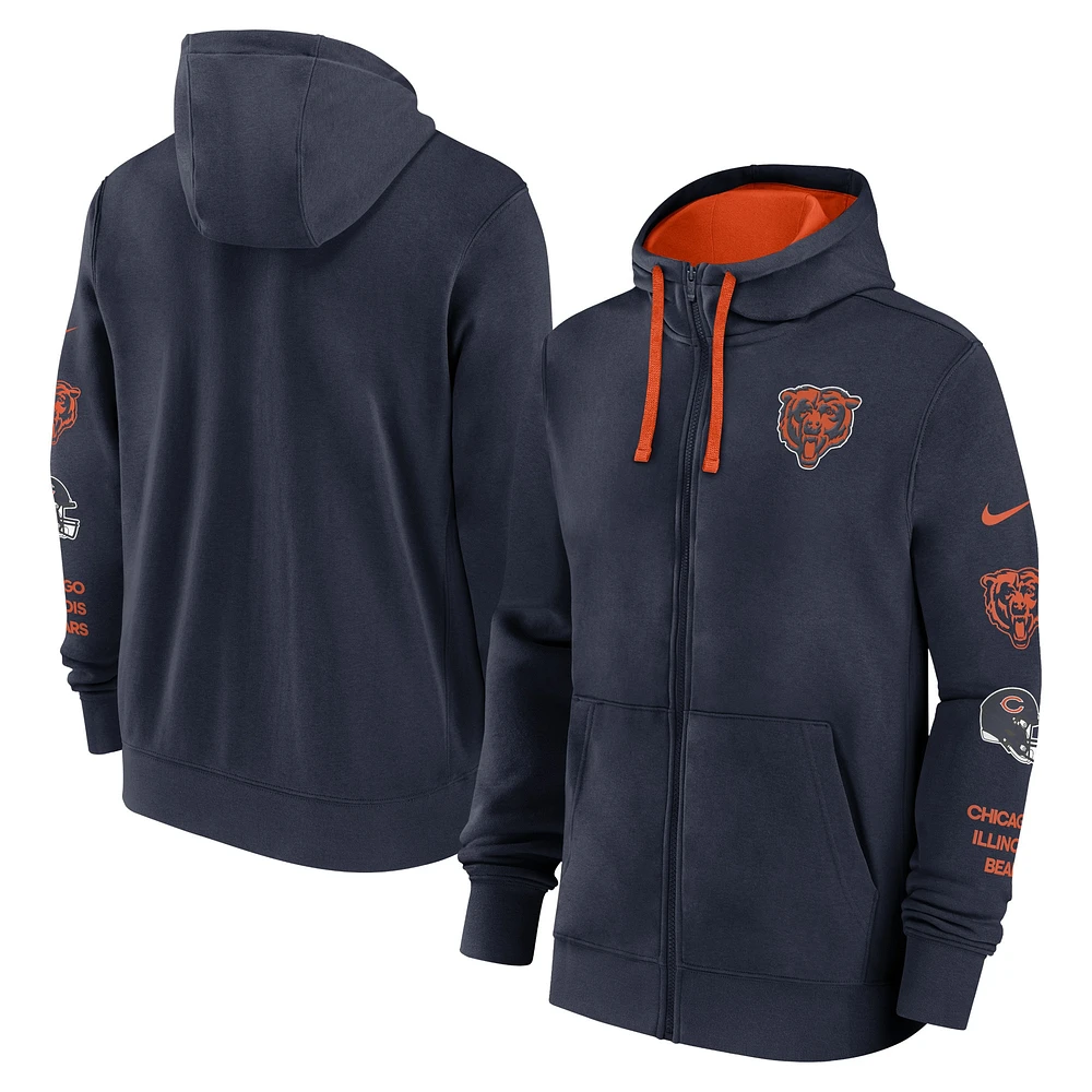 Veste à capuche entièrement zippée Nike Chicago Bears Club bleu marine pour homme