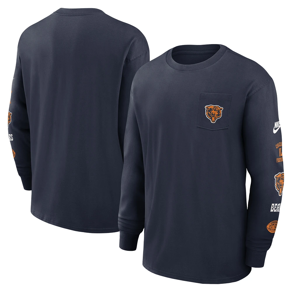 T-shirt à manches longues Nike Rewind Heavy Max 90 Pocket pour homme, bleu marine, Chicago Bears