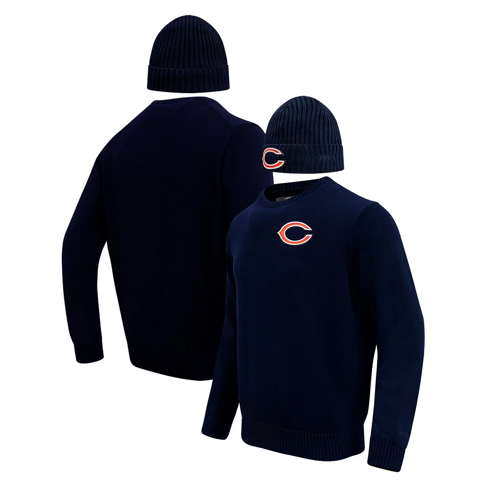 Men's Pro Standard Navy Chicago Bears Crewneck Pullover Sweater & Cuffed Knit Hat Box Gift Set