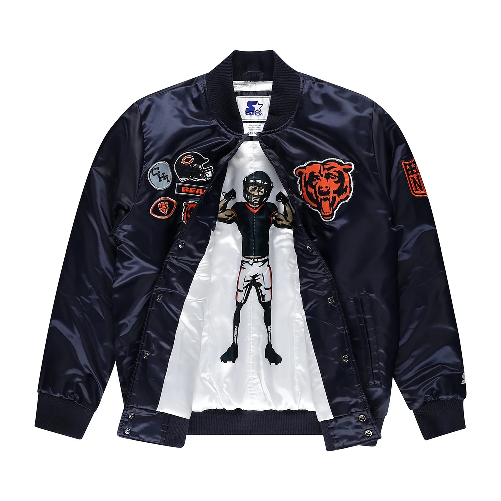 Veste universitaire exclusive en satin bleu marine Starter Chicago Bears pour homme