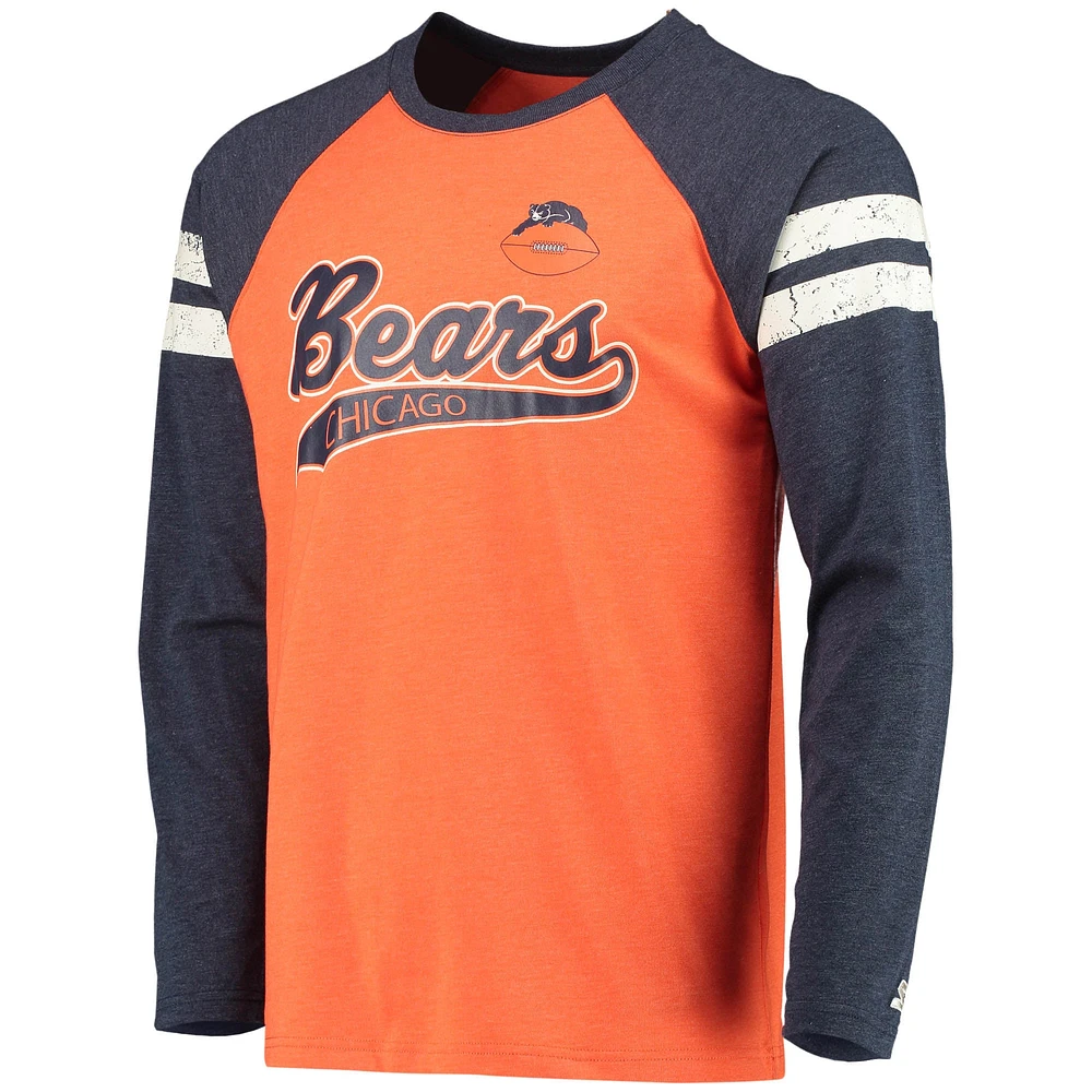 T-shirt à manches longues Raglan Starter Orange/Bleu marine Chicago Bears Throwback League pour homme