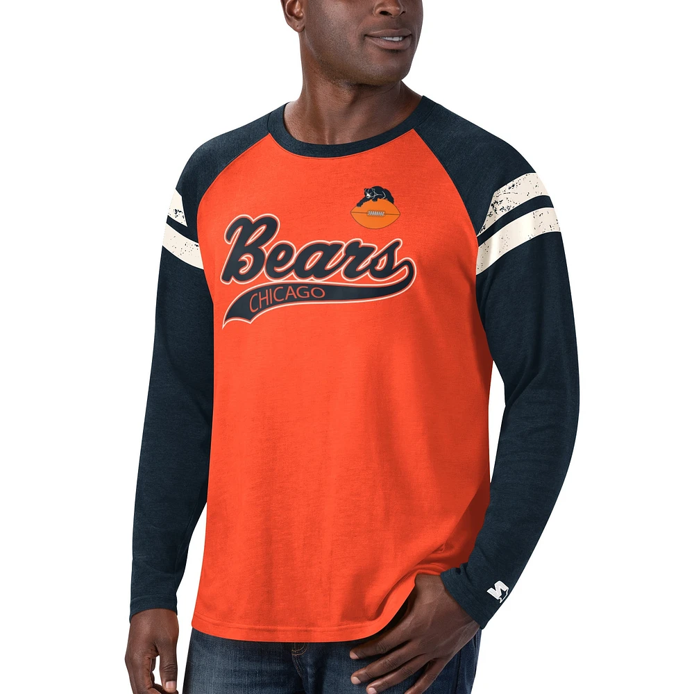 T-shirt à manches longues Raglan Starter Orange/Bleu marine Chicago Bears Throwback League pour homme