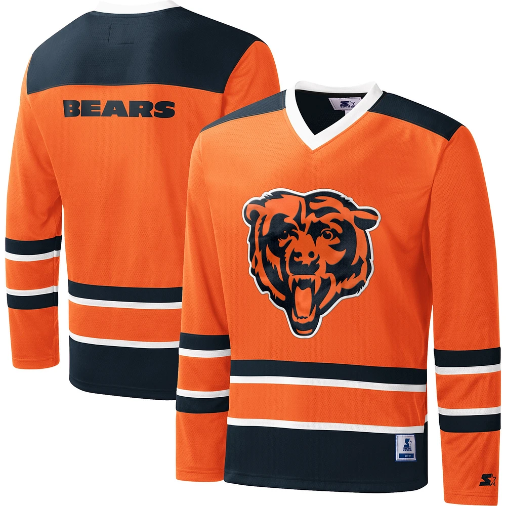 T-shirt à manches longues et col en V carreaux Chicago Bears Starter orange pour homme