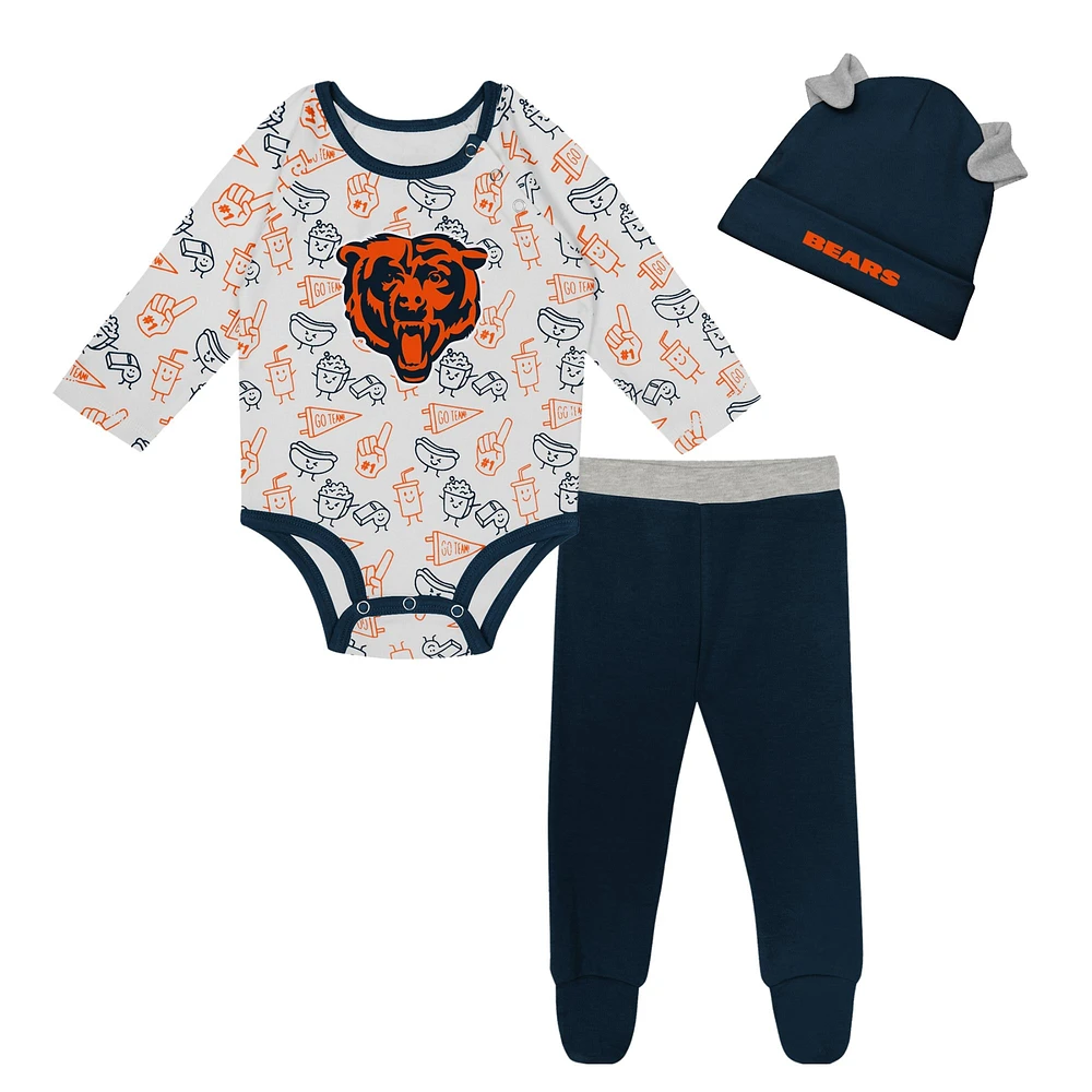 Ensemble 3 pièces avec body à manches longues, pantalon et bonnet en tricot revers Little Champ des Chicago Bears pour nouveau-nés nourrissons