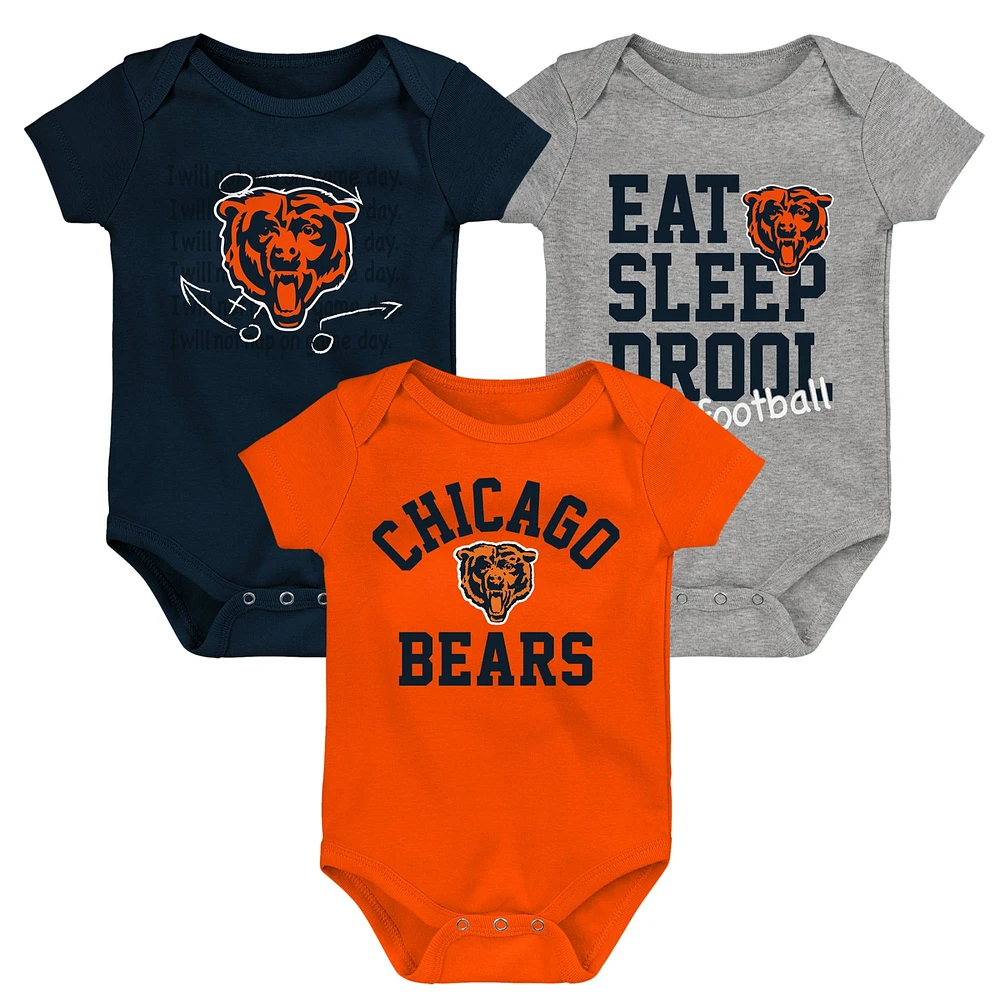 Newborn & Infant Orange/Navy/Heather Gray Chicago Bears Three-Pack Eat, Sleep Drool Retro Bodysuit Set