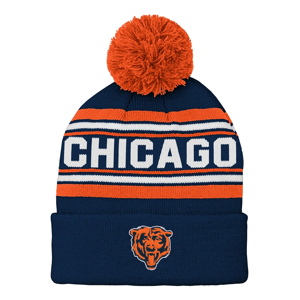 Bonnet en tricot à revers jacquard Chicago Bears bleu marine préscolaire avec pompon