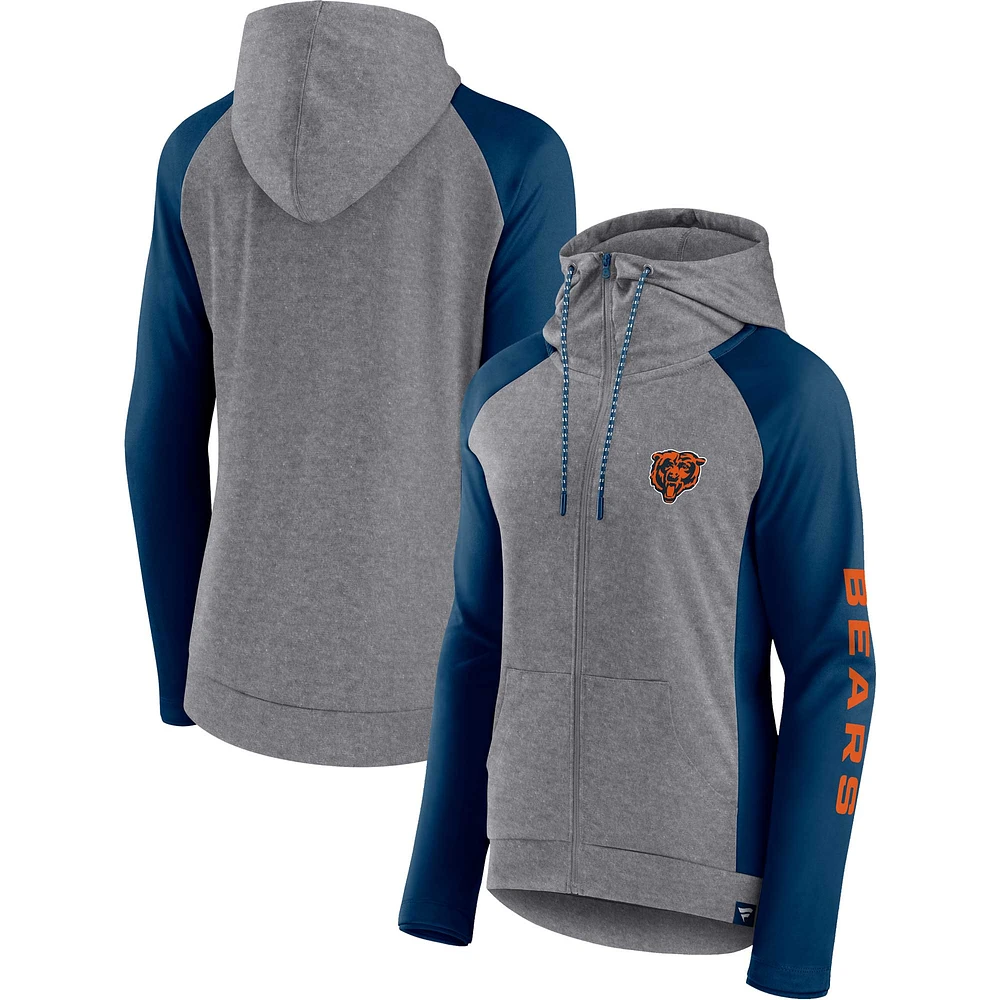 Sweat à capuche léger entièrement zippé pour femmes Fanatics Heather Grey/College Navy Chicago Bears Blind Side