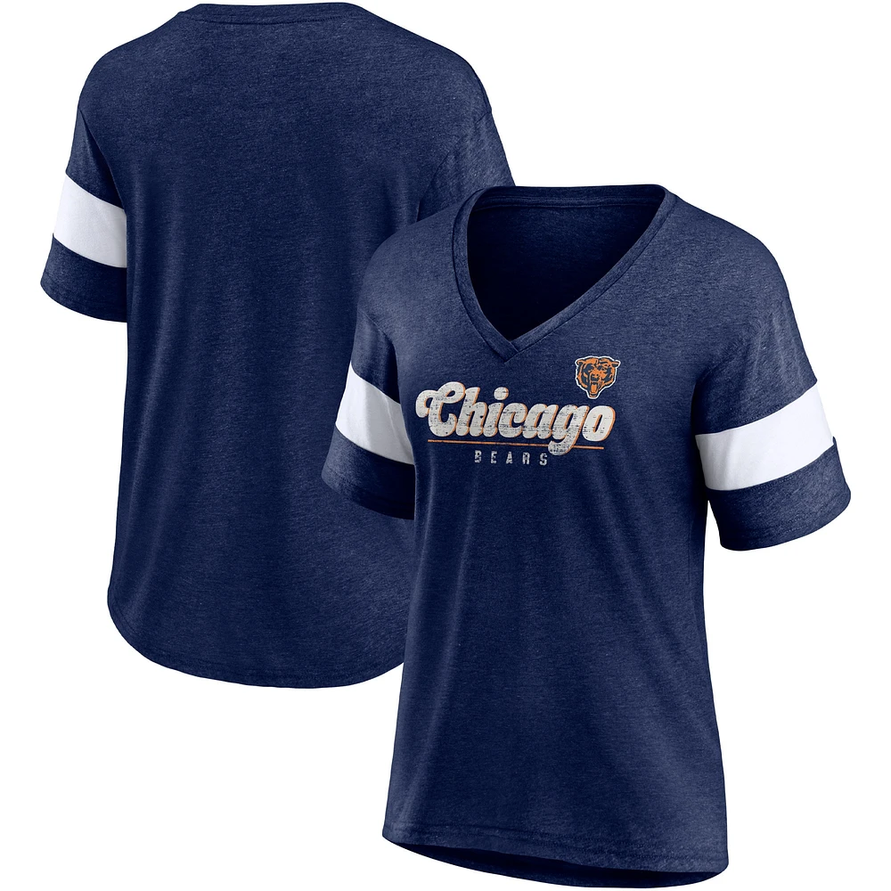 T-shirt tri-mélange à manches mi-longues et col en V Fanatics Heather Navy Chicago Bears Give It All pour femmes