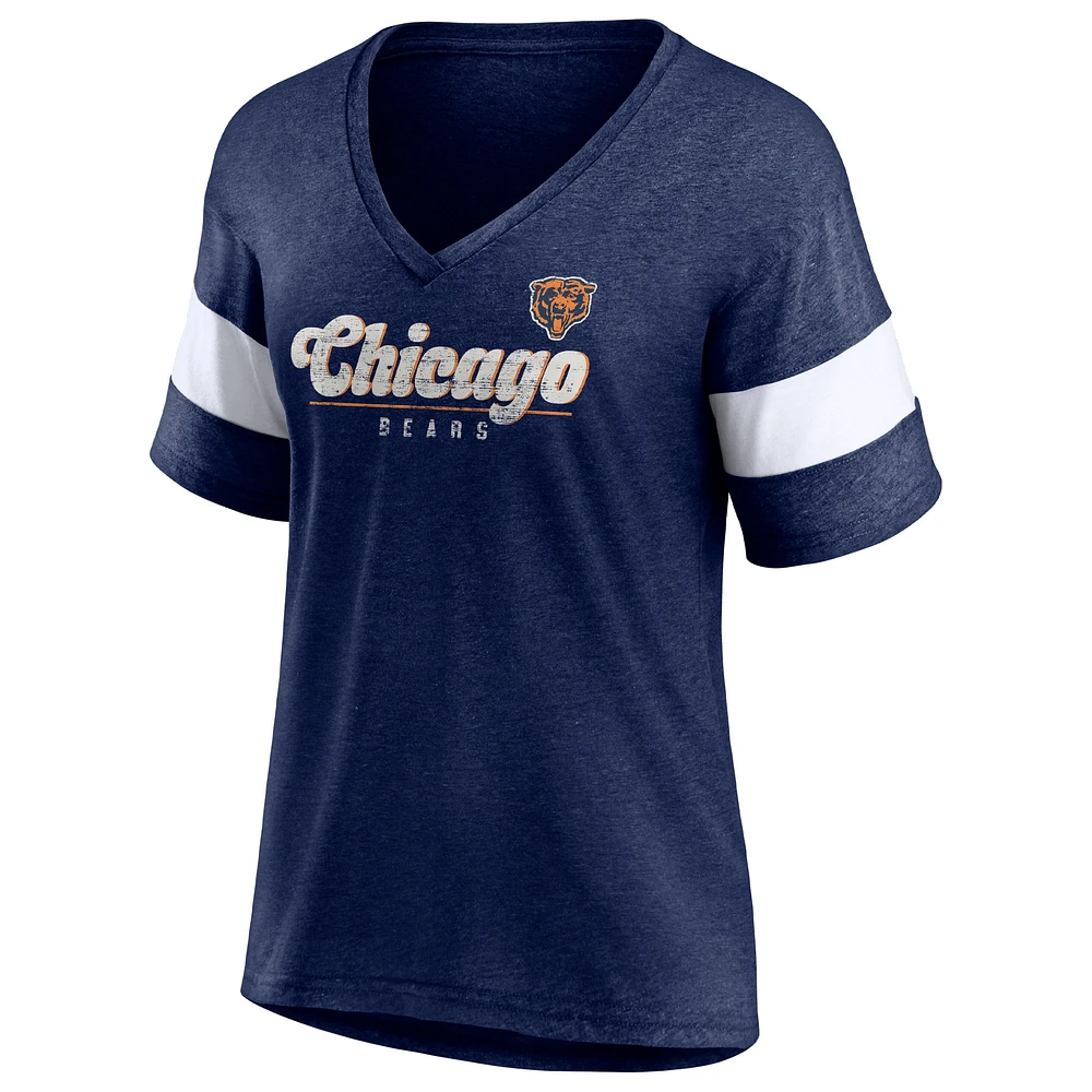 T-shirt tri-mélange à manches mi-longues et col en V Fanatics Heather Navy Chicago Bears Give It All pour femmes