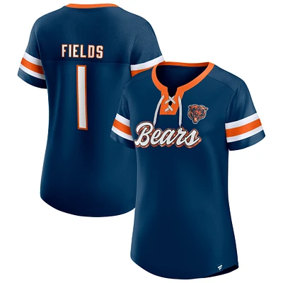 Fanatics pour femmes Justin Fields bleu marine Chicago Bears Athena nom et numéro t-shirt à col cranté