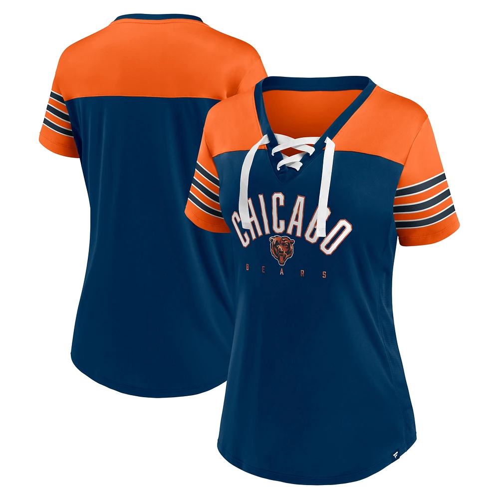 T-shirt en jersey à lacets et col V Fanatics pour femmes, bleu marine/orange, Chicago Bears Blitz & Glam