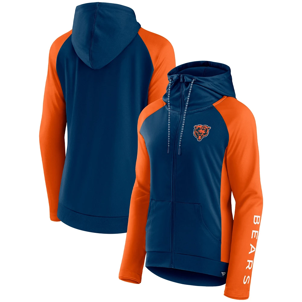 Veste à capuche légère raglan entièrement zippée pour femmes Fanatics bleu marine/orange Chicago Bears End Around