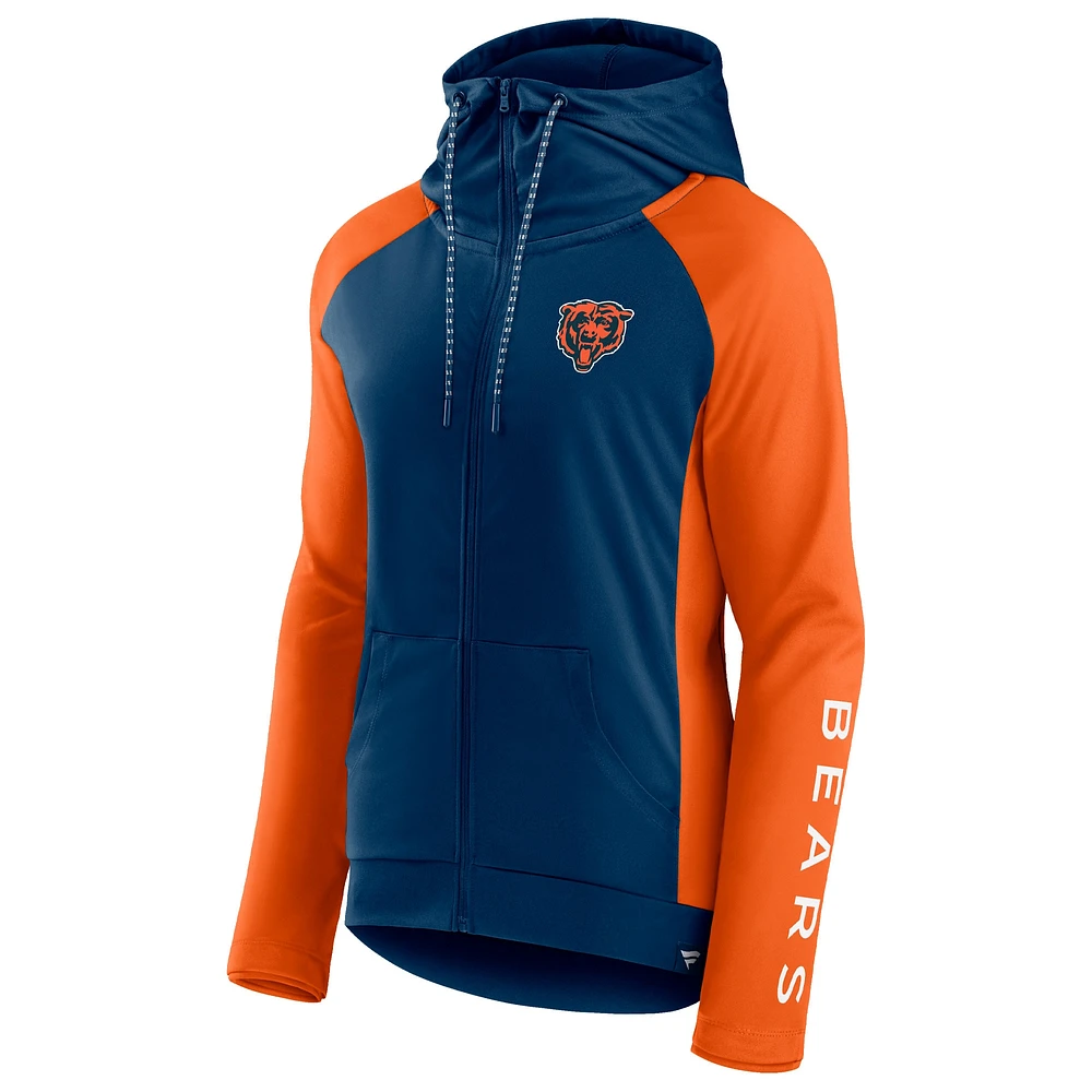 Veste à capuche légère raglan entièrement zippée pour femmes Fanatics bleu marine/orange Chicago Bears End Around