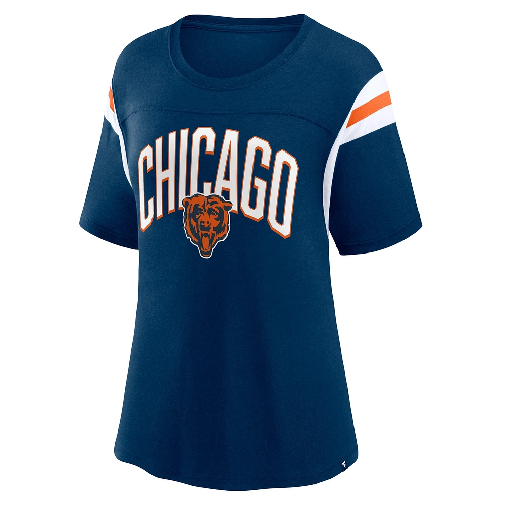 T-shirt à rayures gagnées Fanatics pour femmes, bleu marine, Chicago Bears