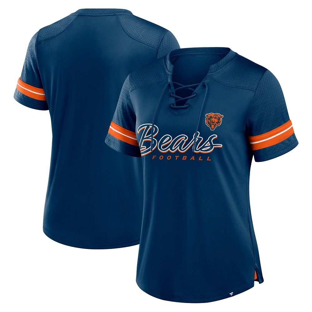 Women's Fanatics Navy Chicago Bears Play Script Lace-Up T-Shirt