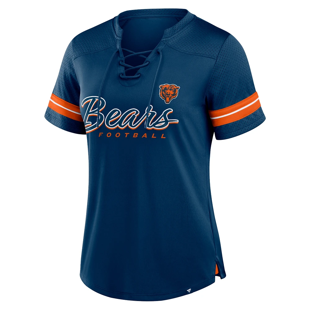 Women's Fanatics Navy Chicago Bears Play Script Lace-Up T-Shirt