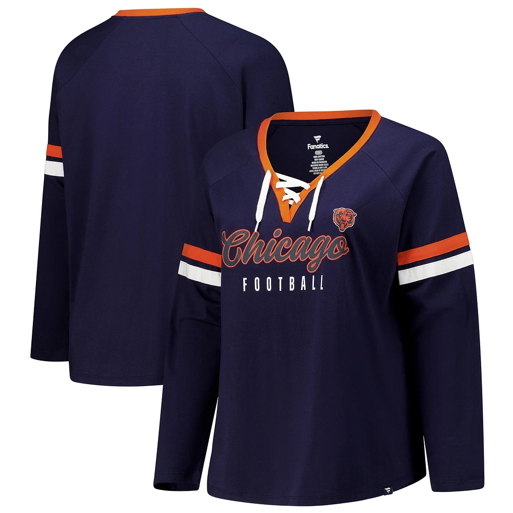 T-shirt à manches longues et col en V lacets pour femmes Fanatics Navy Chicago Bears grande taille Won & Done