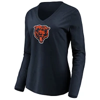 T-shirt à manches longues et col en V avec logo principal des Chicago Bears Fanatics pour femmes bleu marine