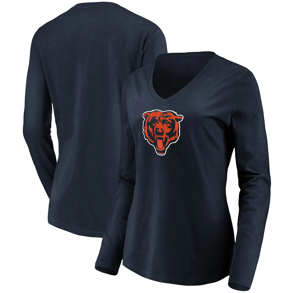 T-shirt à manches longues et col en V avec logo principal des Chicago Bears Fanatics pour femmes bleu marine