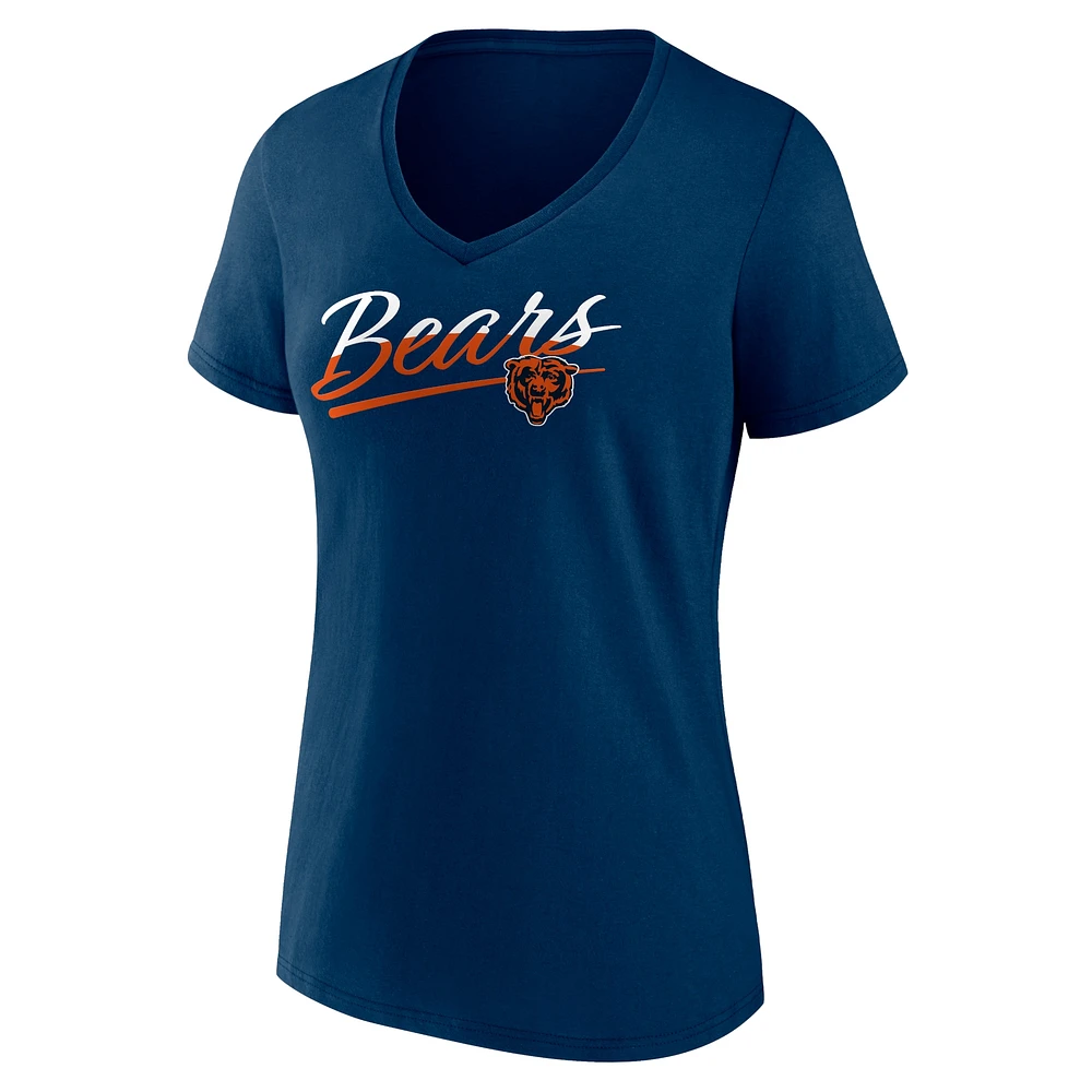 T-shirt à col en V Fanatics pour femmes, bleu marine, Chicago Bears Slice Script