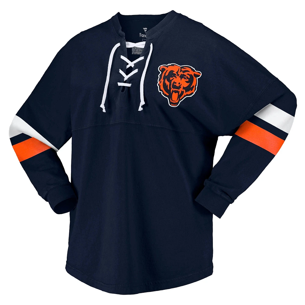 T-shirt à manches longues et col en V jersey Fanatics pour femmes, bleu marine, Chicago Bears Spirit, lacets