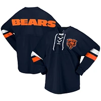 T-shirt à manches longues et col en V jersey Fanatics pour femmes, bleu marine, Chicago Bears Spirit, lacets