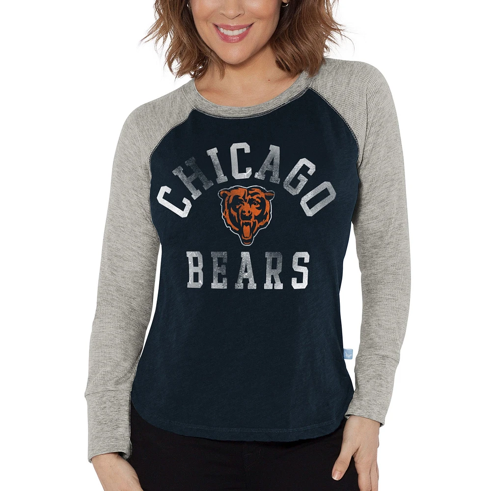 T-shirt à manches longues raglan en tricot gaufré G-III 4Her by Carl Banks pour femme, bleu marine/gris chiné, Chicago Bears