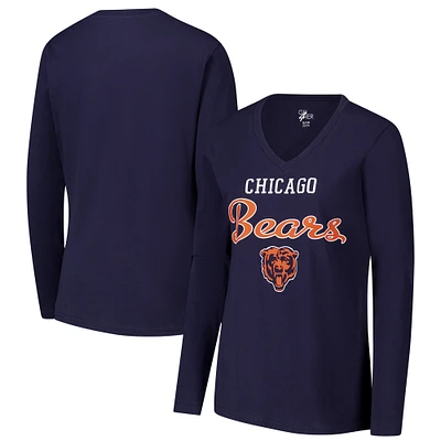 T-shirt à manches longues et col en V pour femme G-III 4Her by Carl Banks Navy Chicago Bears Post Season