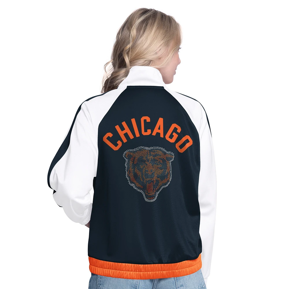 Women's G-III 4Her by Carl Banks White/Navy Chicago Bears Rally Rhinestone Full-Zip Track Jacket