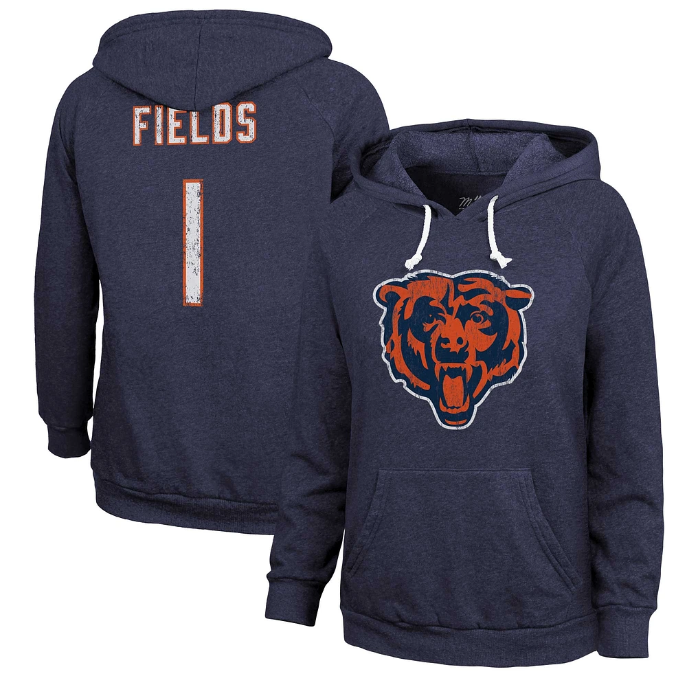 Sweat à capuche Majestic Threads Justin Fields pour femmes, bleu marine, nom et numéro des Chicago Bears