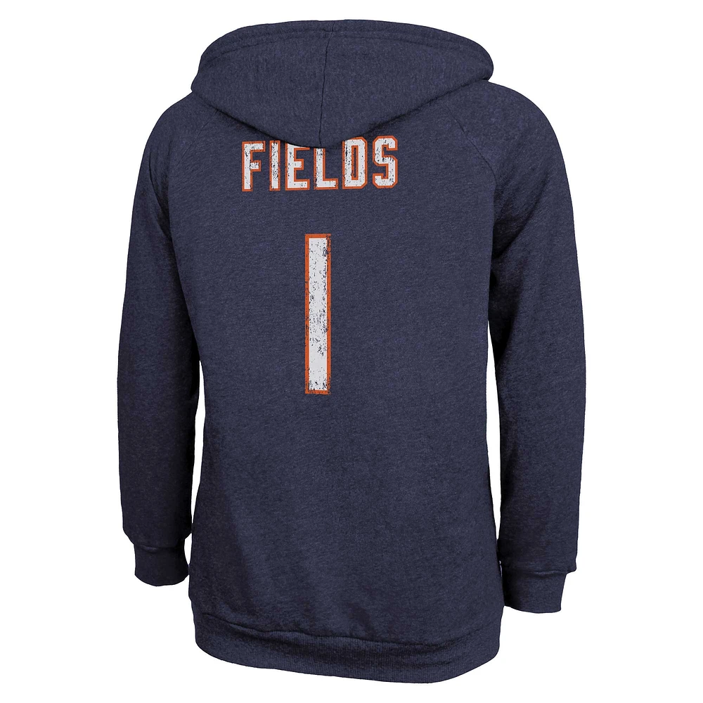 Sweat à capuche Majestic Threads Justin Fields pour femmes, bleu marine, nom et numéro des Chicago Bears