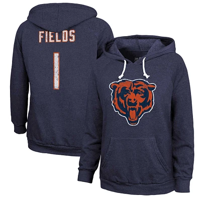 Sweat à capuche Majestic Threads Justin Fields pour femmes, bleu marine, nom et numéro des Chicago Bears