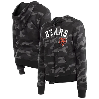 Sweat à capuche zippé et camouflage des Chicago Bears New Era pour femme, noir