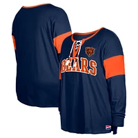 Women's New Era Navy Chicago Bears Plus Lace-Up Notch Neck Long Sleeve T-Shirt