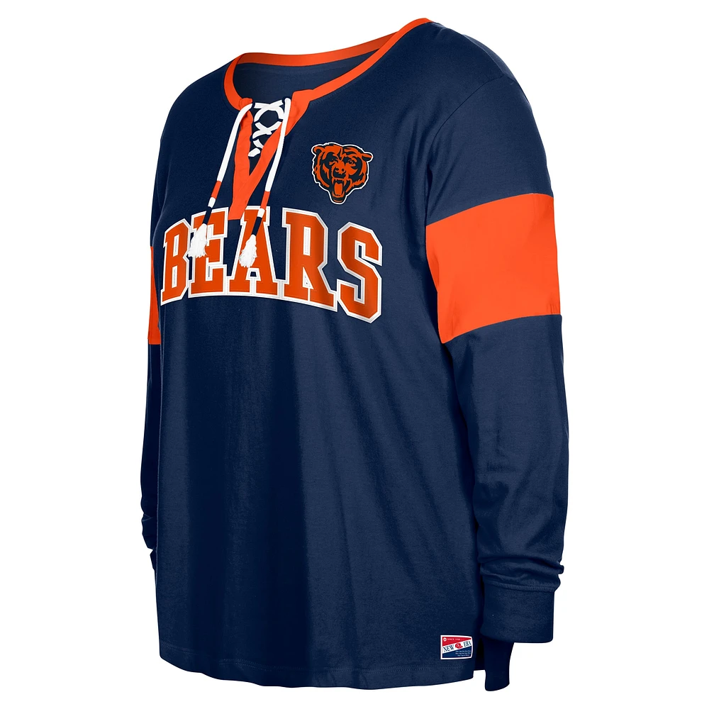 Women's New Era Navy Chicago Bears Plus Lace-Up Notch Neck Long Sleeve T-Shirt