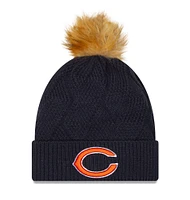 Bonnet en tricot à revers enneigé Chicago Bears pour femme New Era bleu marine avec pompon