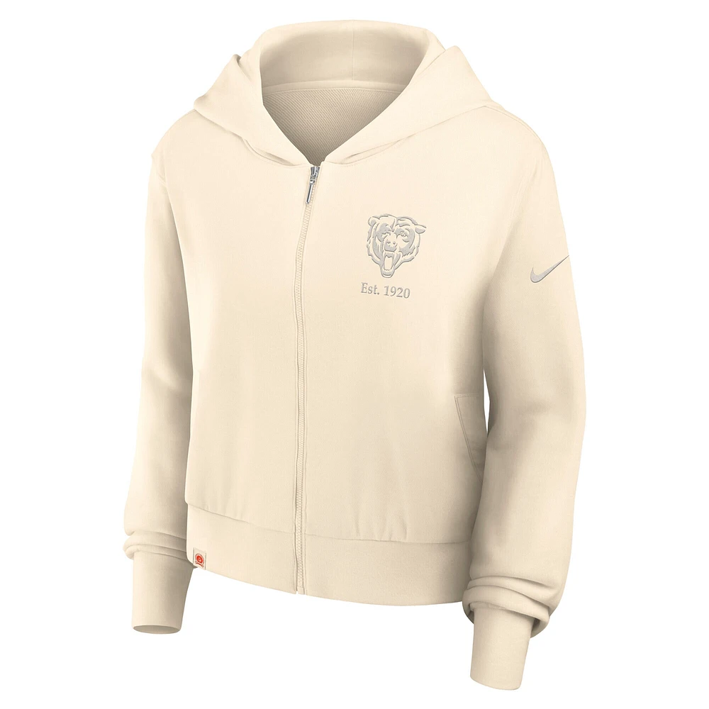 Sweat à capuche court entièrement zippé Nike Chicago Bears Glory crème pour femme