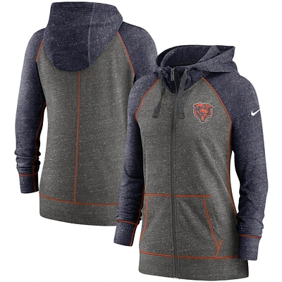 Sweat à capuche raglan entièrement zippé Nike Chicago Bears Gym Vintage pour femme, anthracite chiné/bleu marine