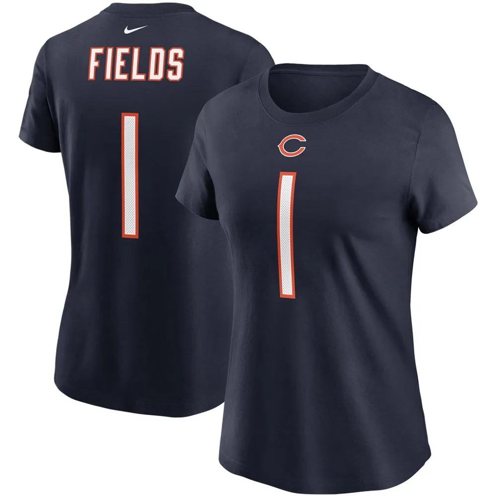 T-shirt Nike Justin Fields pour femmes, bleu marine, nom et numéro du joueur des Chicago Bears