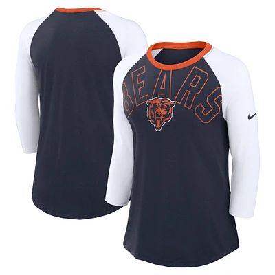 T-shirt Nike pour femmes, bleu marine/blanc, Chicago Bears Knockout Arch Raglan Tri-Blend à manches 3/4