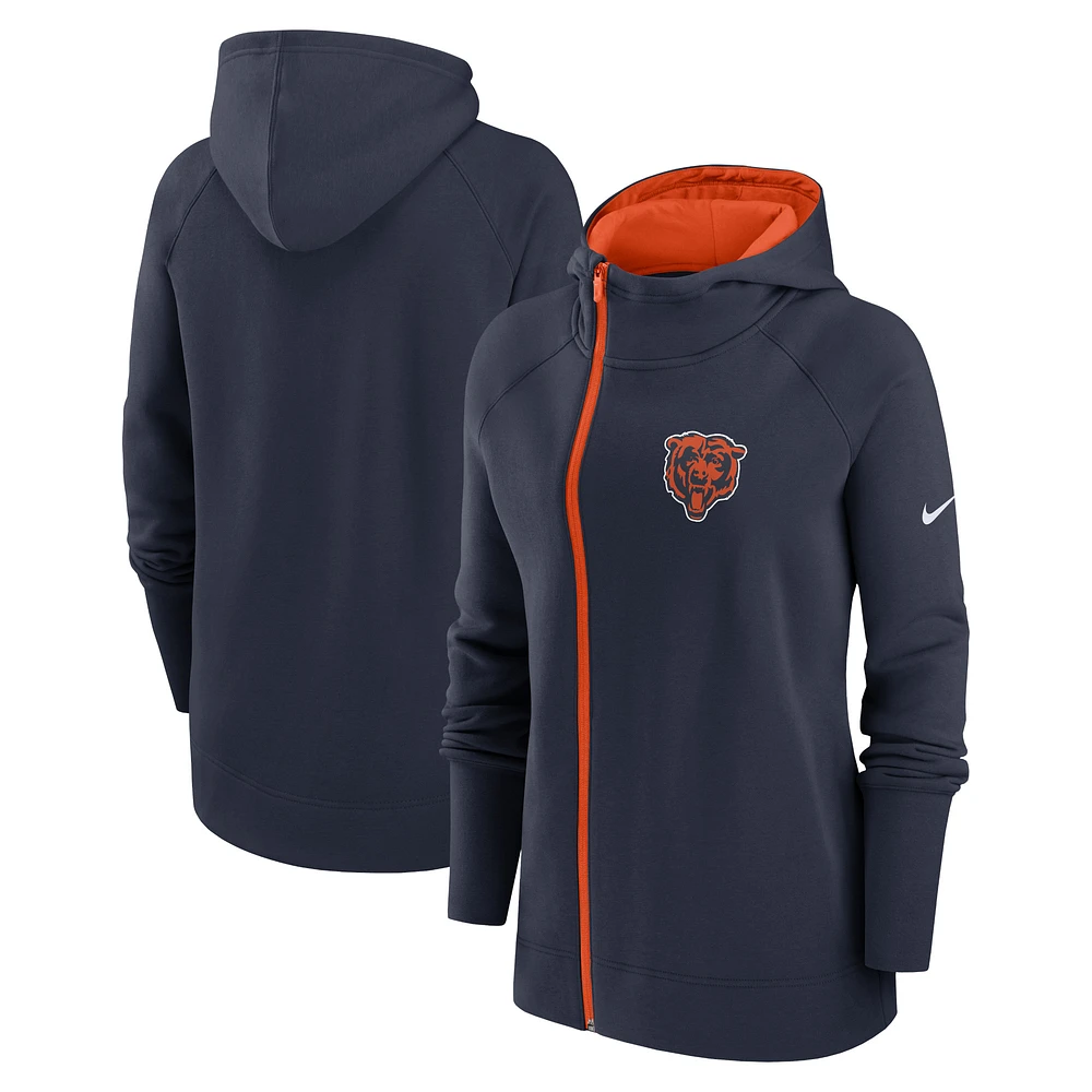 Sweat à capuche zippé et raglan asymétrique Nike Chicago Bears pour femme, bleu marine