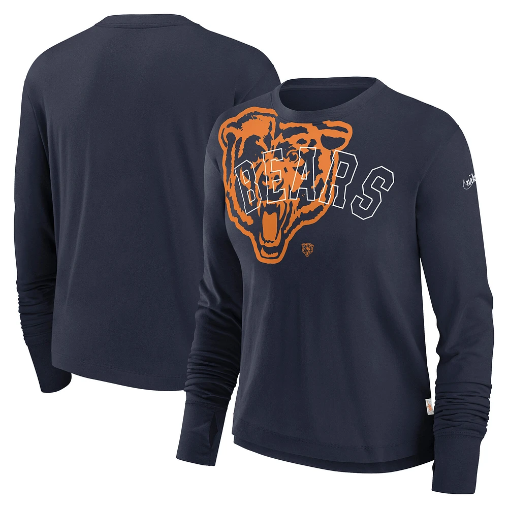 Women's Nike Navy Chicago Bears Layered Logo Cropped Long Sleeve Fashion T-Shirt